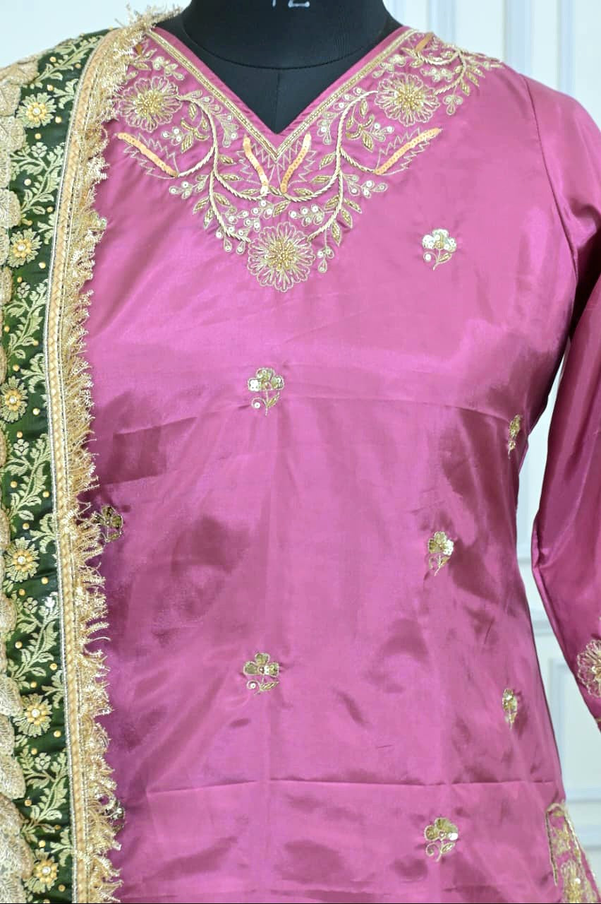 Contrast farshi gharara with tail and handwork kurti