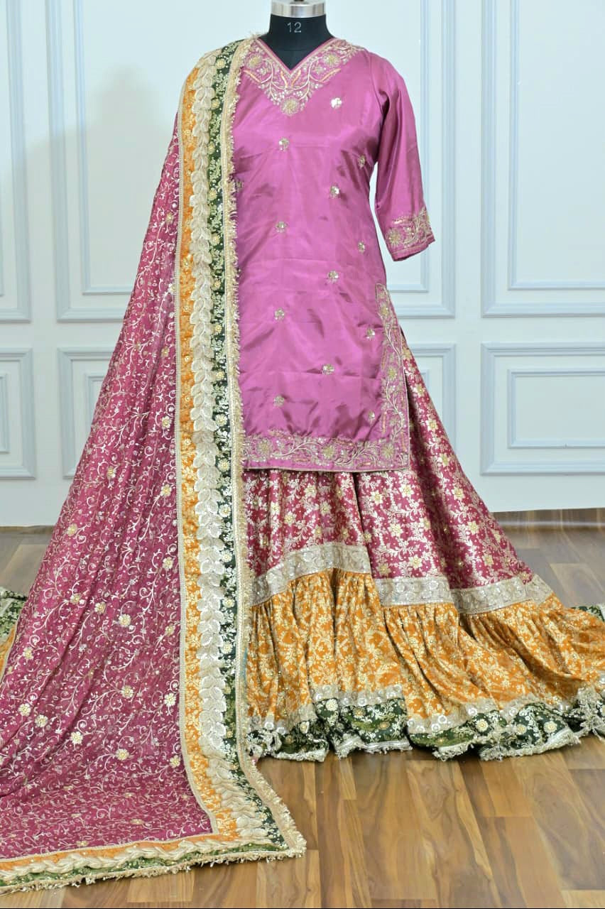 Contrast farshi gharara with tail and handwork kurti