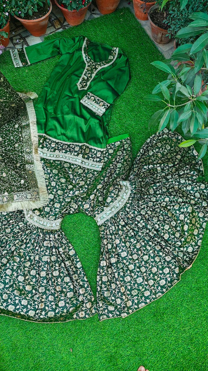 DARK MEHENDI BANARASI KIMKHAB GHARARA