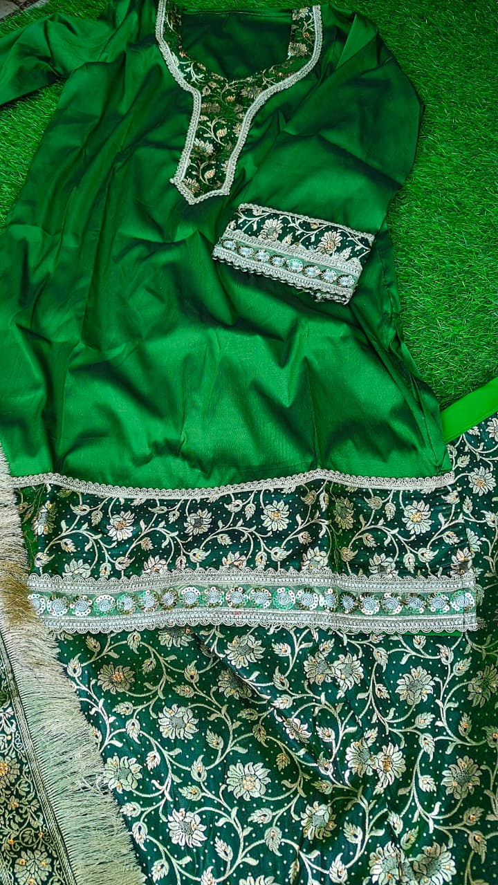 DARK MEHENDI BANARASI KIMKHAB GHARARA