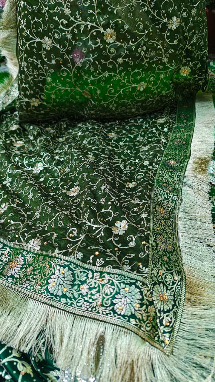 DARK MEHENDI BANARASI KIMKHAB GHARARA