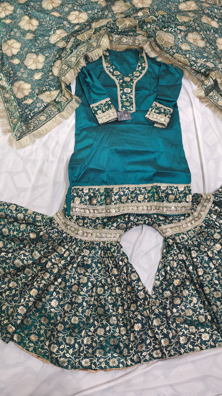 DARK RAMA GREEN BANARASI KIMKHAB GHARARA WITH DESIGHNER DUPATTA