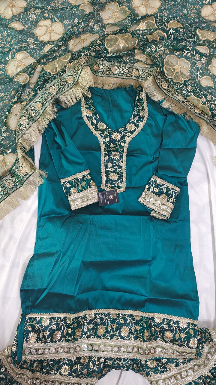 DARK RAMA GREEN BANARASI KIMKHAB GHARARA WITH DESIGHNER DUPATTA
