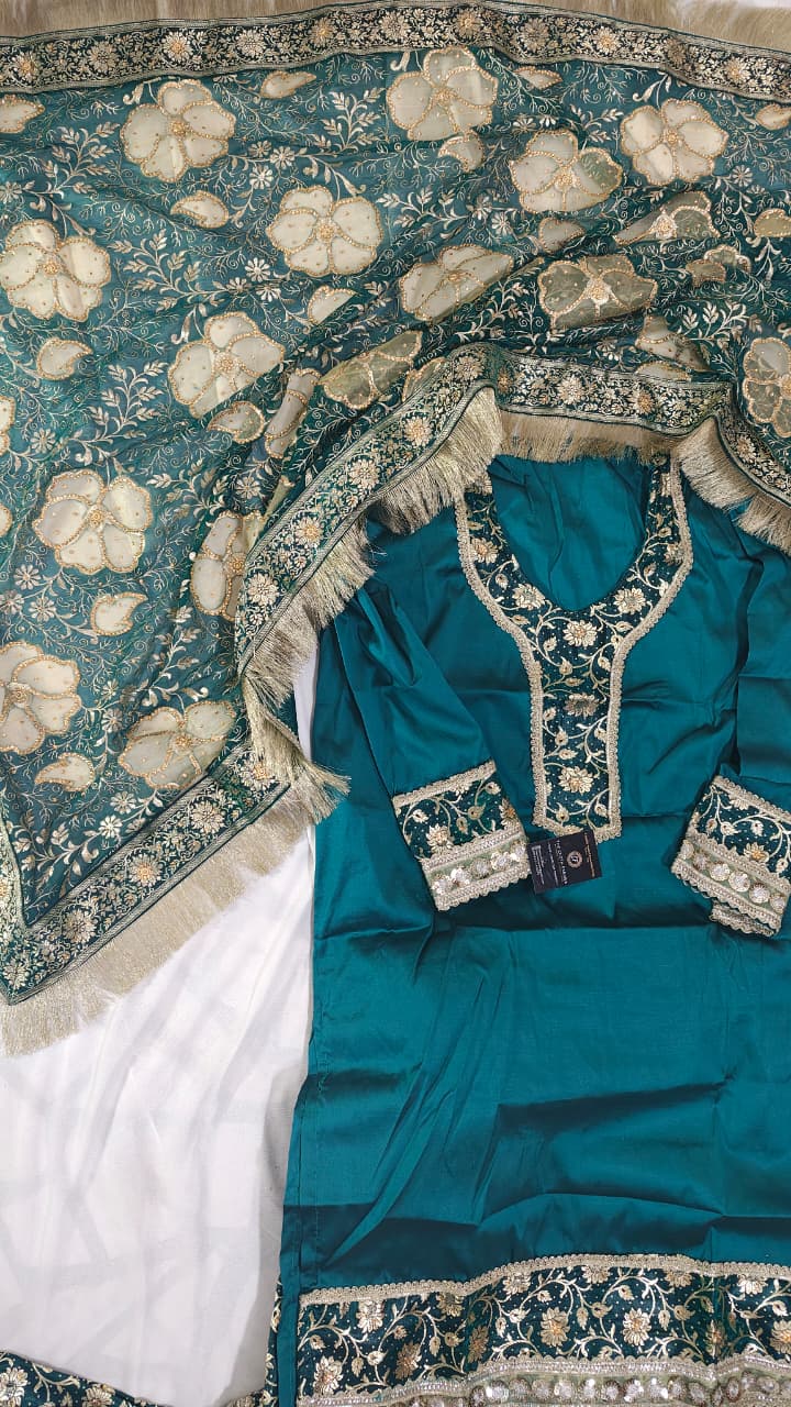 DARK RAMA GREEN BANARASI KIMKHAB GHARARA WITH DESIGHNER DUPATTA