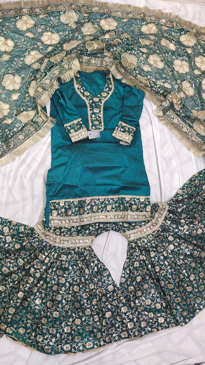 DARK RAMA GREEN BANARASI KIMKHAB GHARARA WITH DESIGHNER DUPATTA