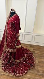 DEEP BLOOD MAROON SHADE ZARDOZI WORKED BRIDAL FARSHI LEHENGA