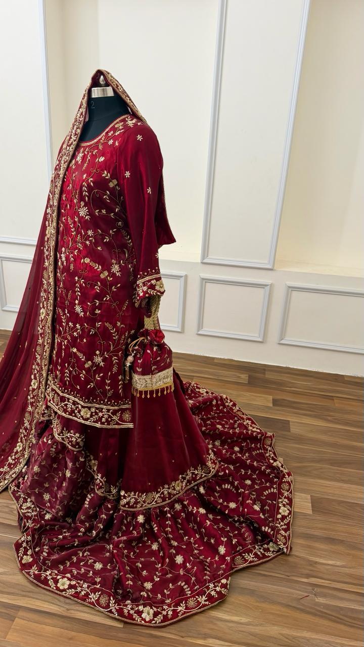 DEEP BLOOD MAROON SHADE ZARDOZI WORKED BRIDAL FARSHI LEHENGA