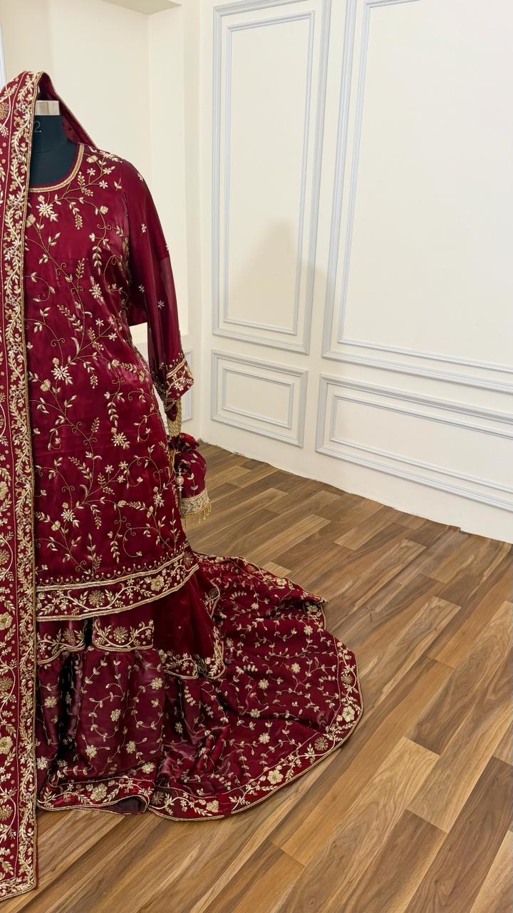 DEEP BLOOD MAROON SHADE ZARDOZI WORKED BRIDAL FARSHI LEHENGA