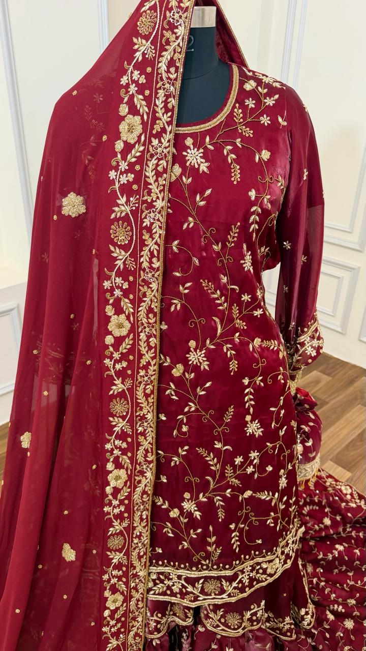 DEEP BLOOD MAROON SHADE ZARDOZI WORKED BRIDAL FARSHI LEHENGA