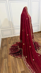 DEEP BLOOD MAROON SHADE ZARDOZI WORKED BRIDAL FARSHI LEHENGA