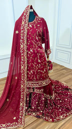DEEP BLOOD MAROON SHADE ZARDOZI WORKED BRIDAL FARSHI LEHENGA