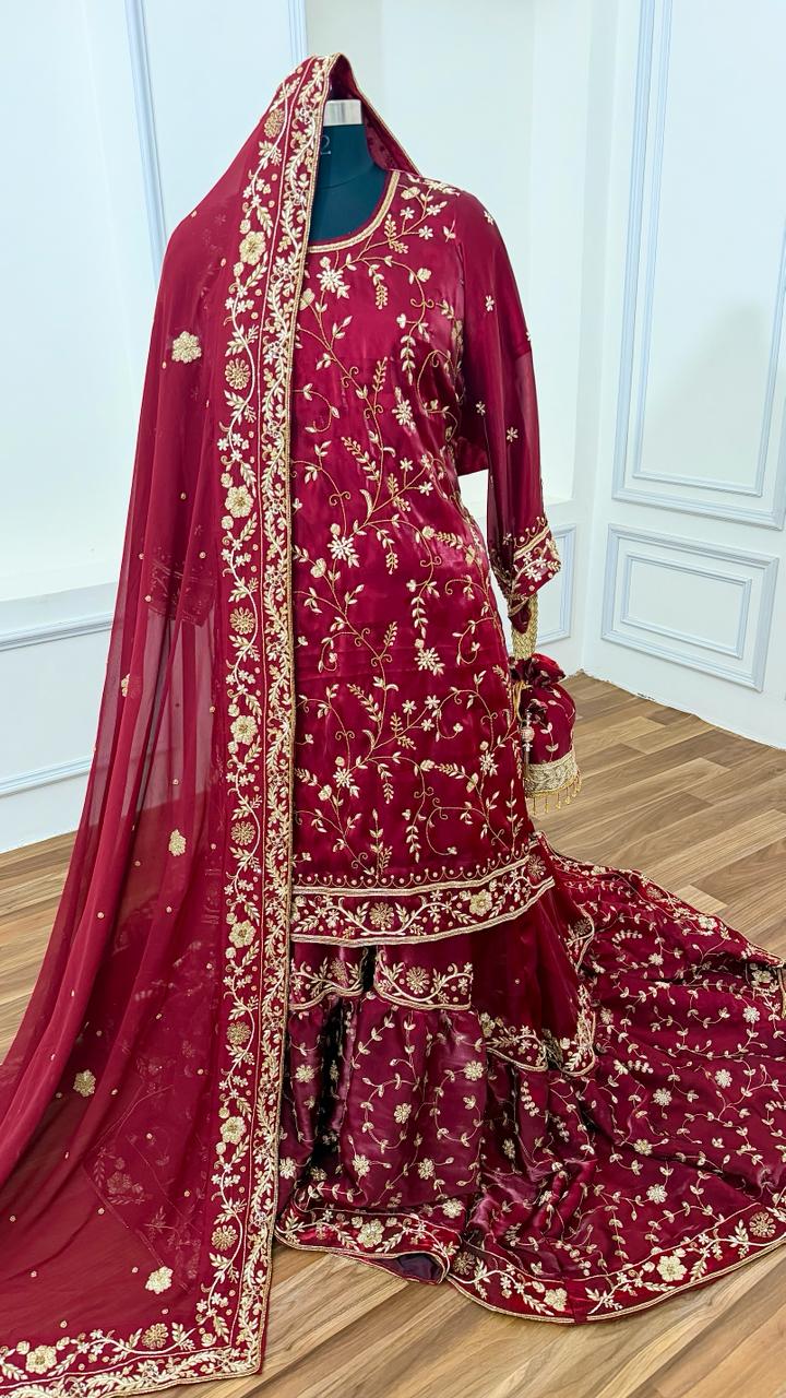 DEEP BLOOD MAROON SHADE ZARDOZI WORKED BRIDAL FARSHI LEHENGA
