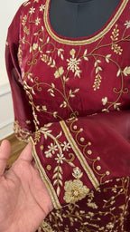 DEEP BLOOD MAROON SHADE ZARDOZI WORKED BRIDAL FARSHI LEHENGA