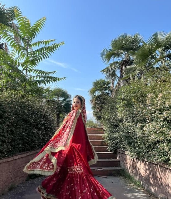 DEEP RED GHARARA WITH DIAGONAL ZARI EMBROIDERY