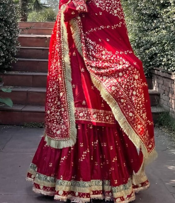 DEEP RED GHARARA WITH DIAGONAL ZARI EMBROIDERY