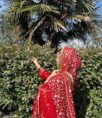 DEEP RED GHARARA WITH DIAGONAL ZARI EMBROIDERY