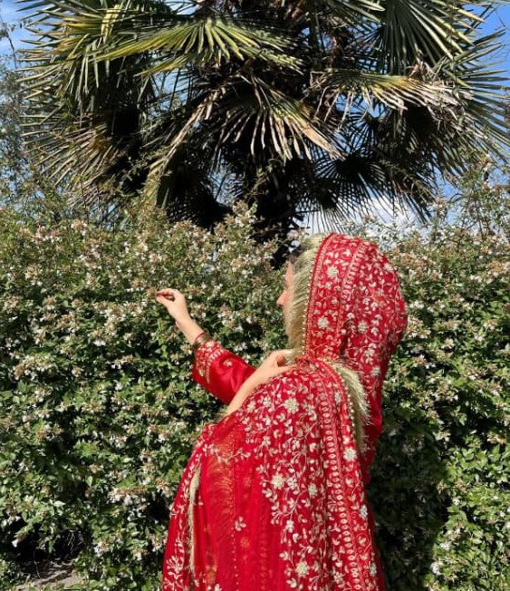 DEEP RED GHARARA WITH DIAGONAL ZARI EMBROIDERY