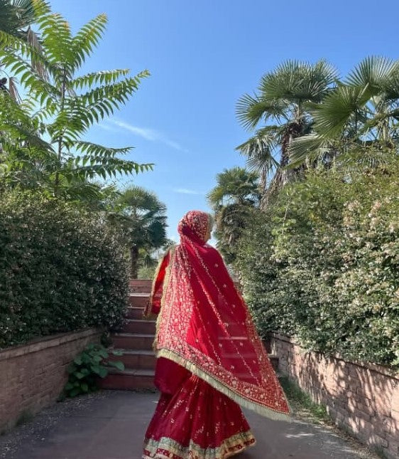 DEEP RED GHARARA WITH DIAGONAL ZARI EMBROIDERY