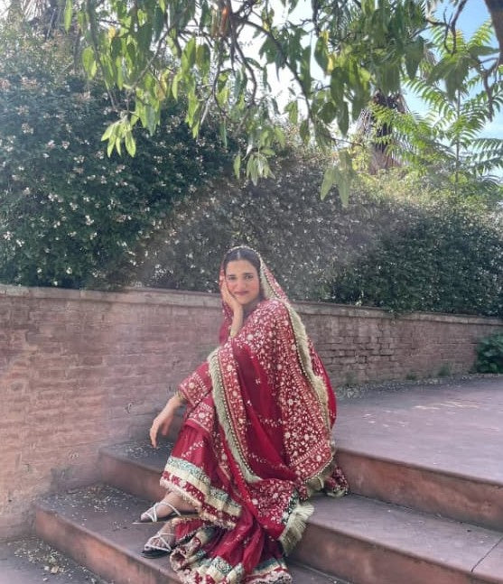 DEEP RED GHARARA WITH DIAGONAL ZARI EMBROIDERY