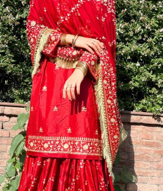 DEEP RED GHARARA WITH DIAGONAL ZARI EMBROIDERY