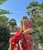 DEEP RED GHARARA WITH DIAGONAL ZARI EMBROIDERY