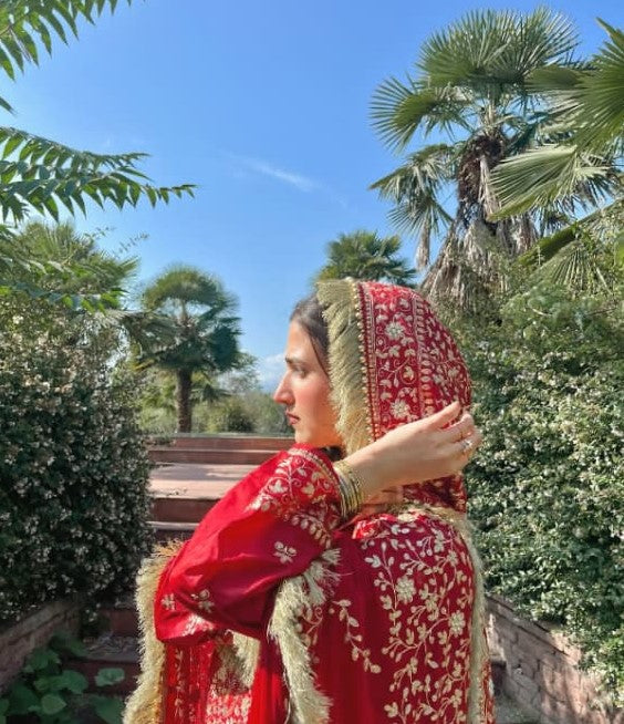 DEEP RED GHARARA WITH DIAGONAL ZARI EMBROIDERY