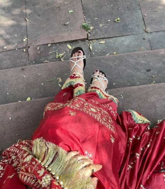 DEEP RED GHARARA WITH DIAGONAL ZARI EMBROIDERY