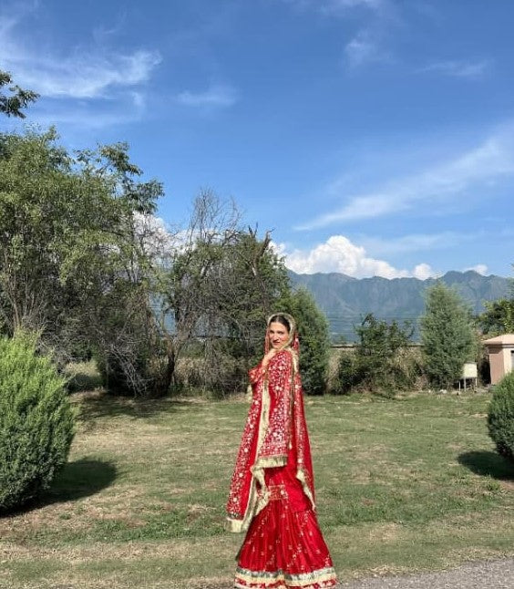 DEEP RED GHARARA WITH DIAGONAL ZARI EMBROIDERY