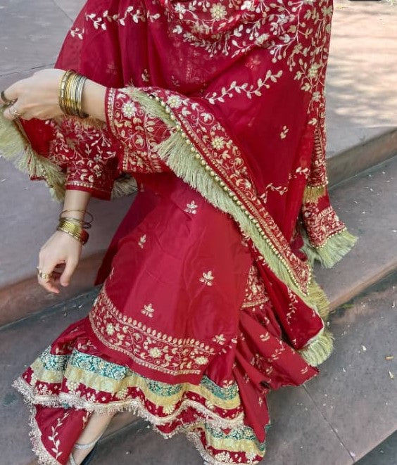 DEEP RED GHARARA WITH DIAGONAL ZARI EMBROIDERY