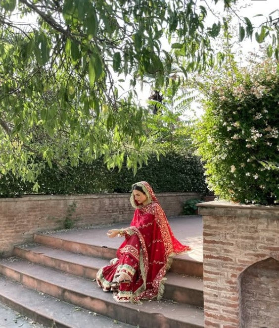 DEEP RED GHARARA WITH DIAGONAL ZARI EMBROIDERY