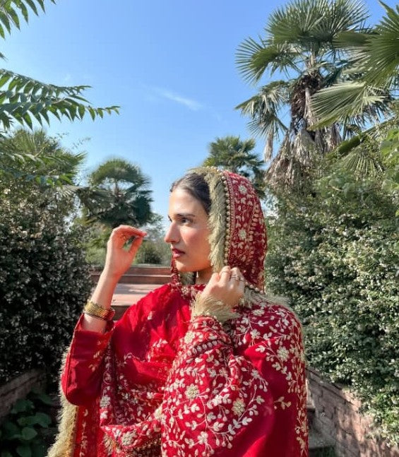 DEEP RED GHARARA WITH DIAGONAL ZARI EMBROIDERY