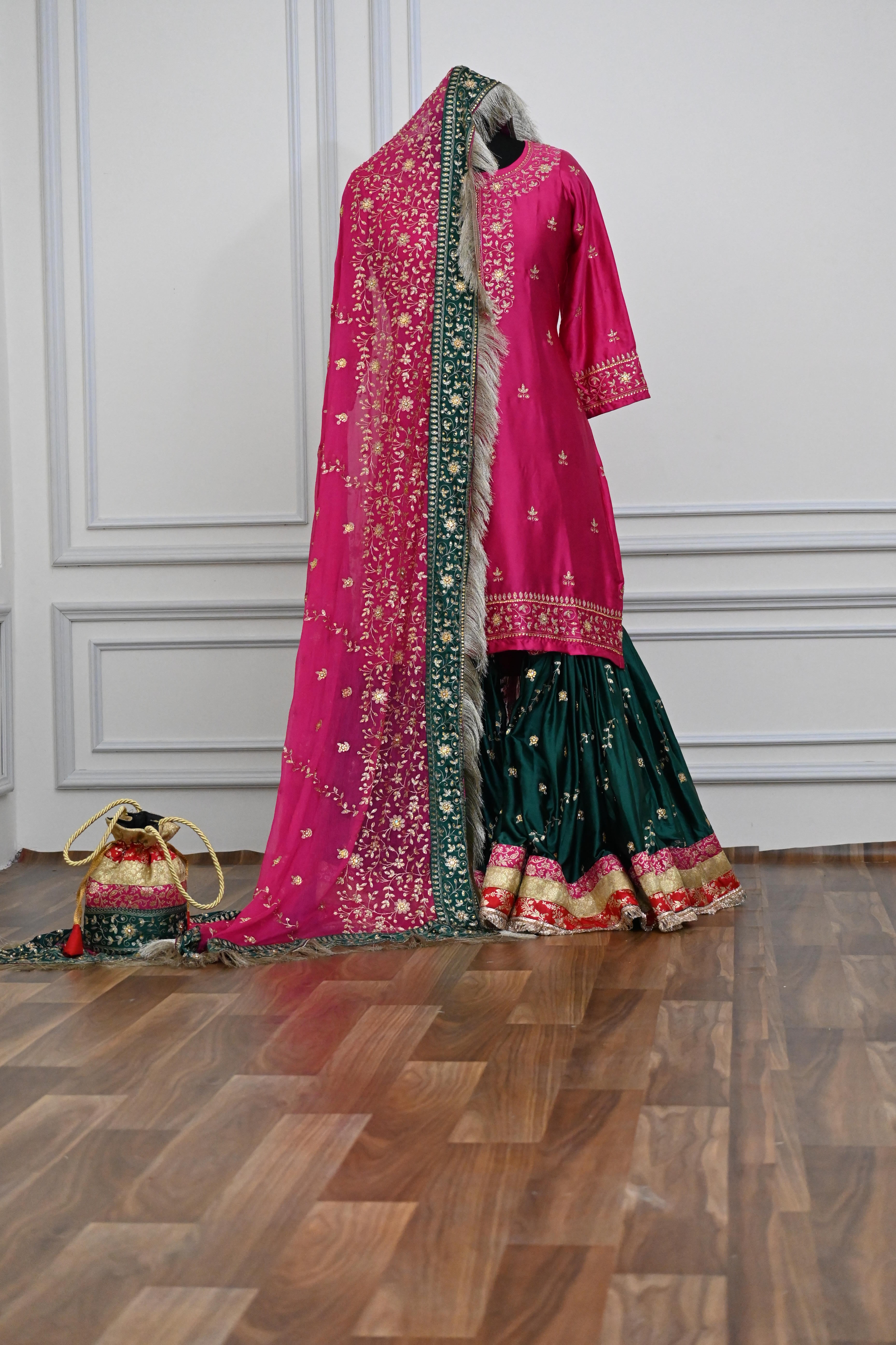 Contrast Embroidery Gharara On Mashroo Silk Fabric