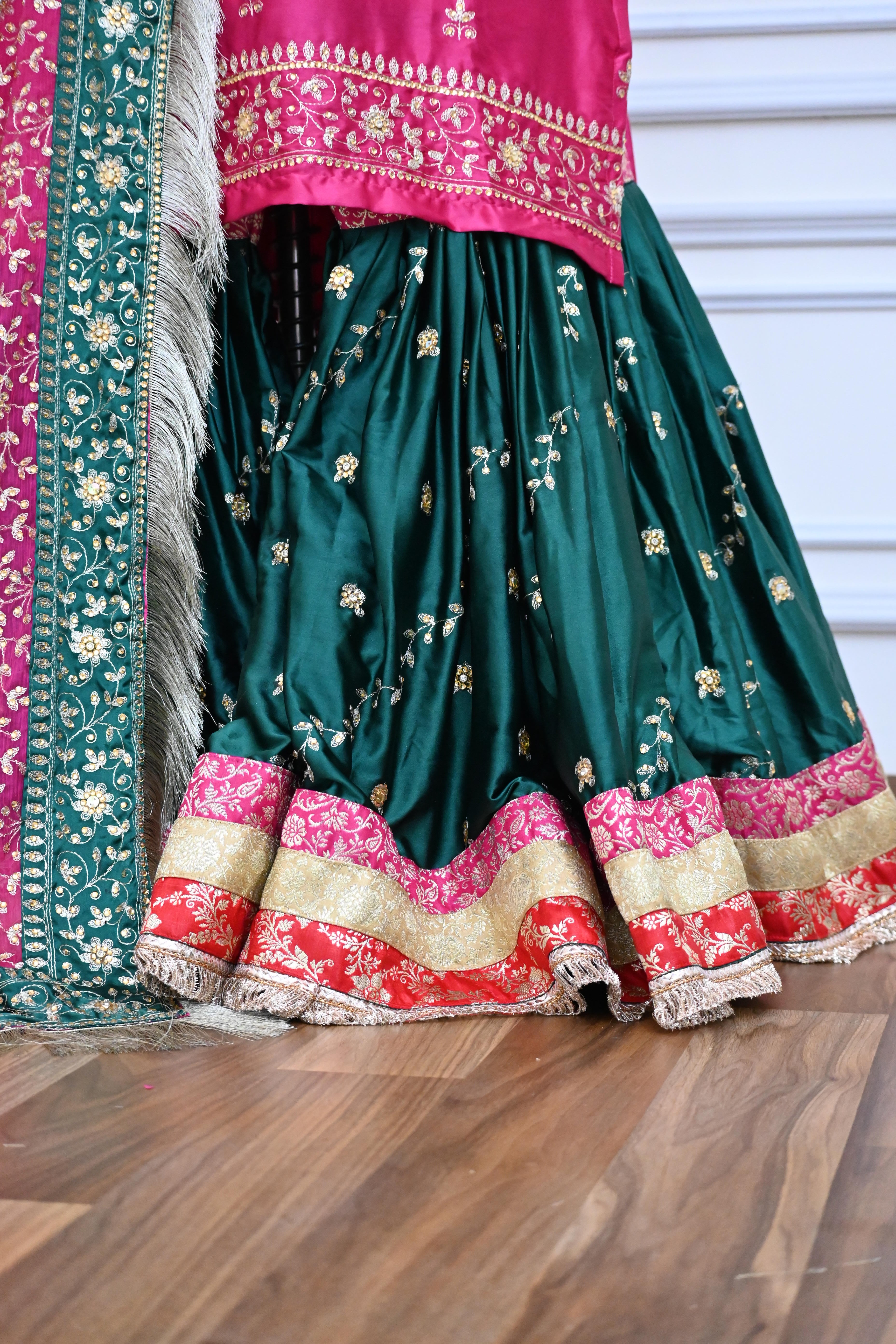 Contrast Embroidery Gharara On Mashroo Silk Fabric