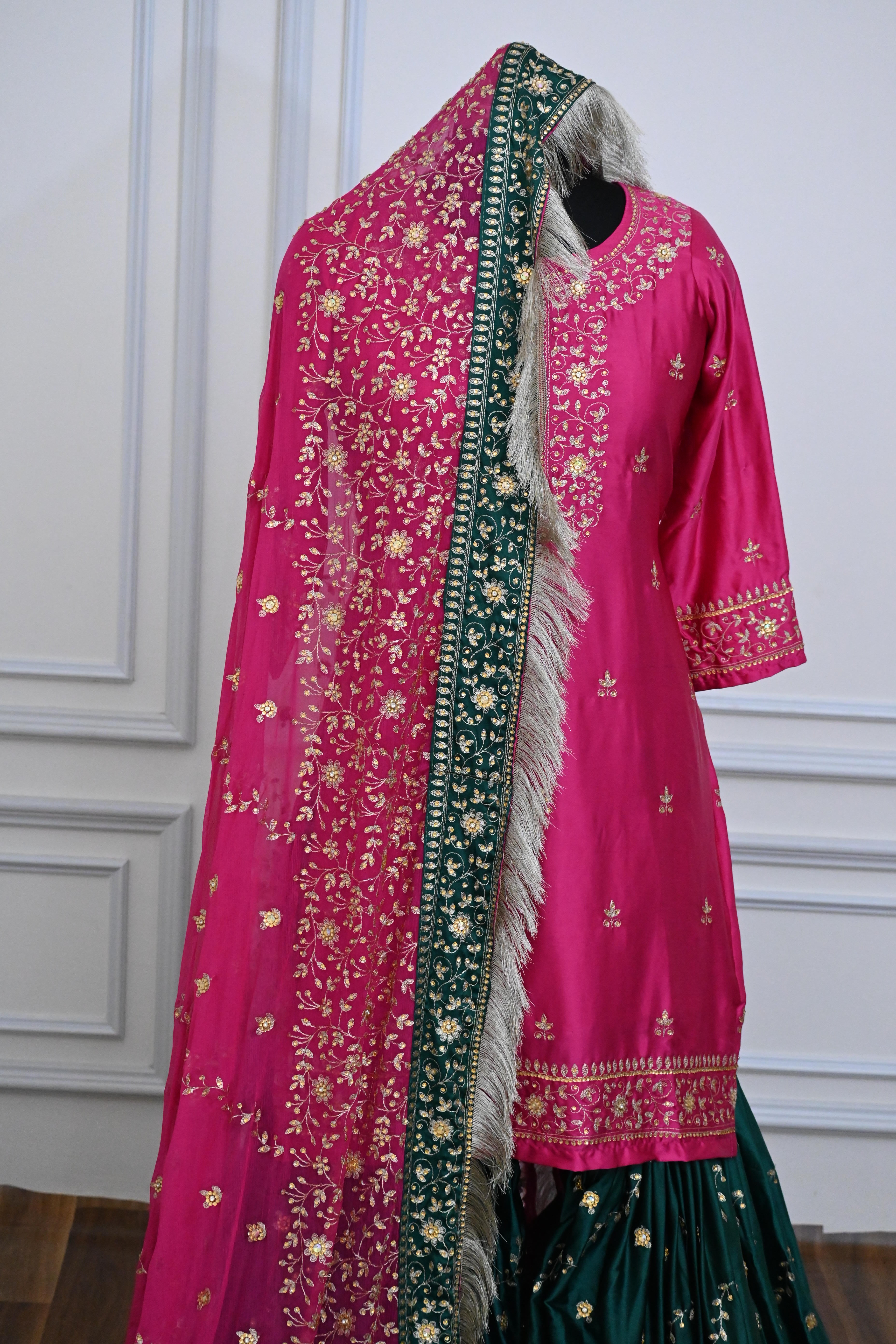 Contrast Embroidery Gharara On Mashroo Silk Fabric