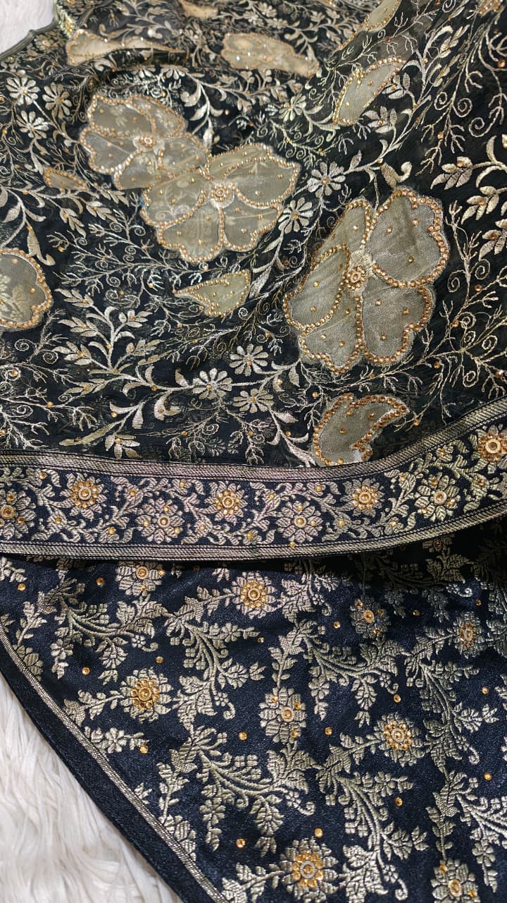 FULL BLACK BANARASI KIMKHAB GHARARA WITH DESIGHNER DUPATTA