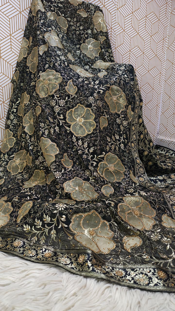 FULL BLACK BANARASI KIMKHAB GHARARA WITH DESIGHNER DUPATTA