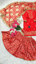 FULL RED BANARASI KIMKHAB GHARARA WITH DESIGHNER DUPATTA AND EMROIDED KURTI