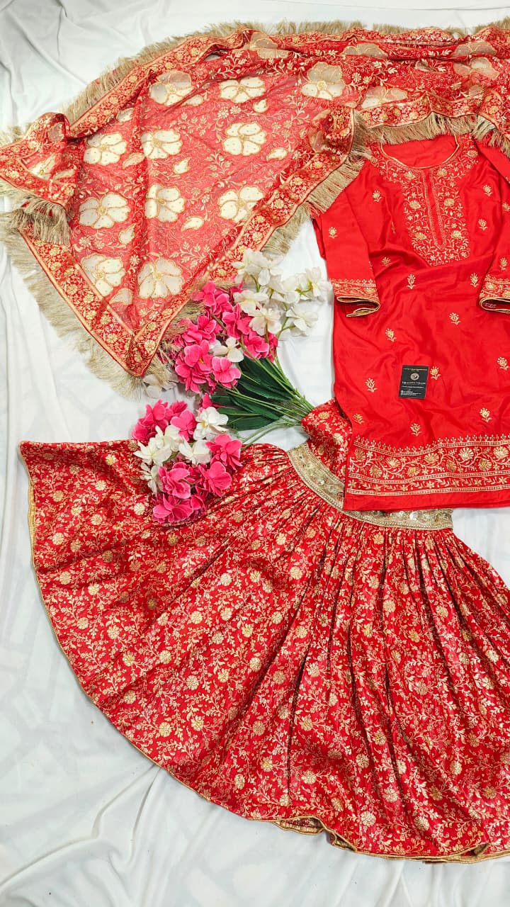 FULL RED BANARASI KIMKHAB GHARARA WITH DESIGHNER DUPATTA AND EMROIDED KURTI