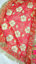 FULL RED BANARASI KIMKHAB GHARARA WITH DESIGHNER DUPATTA AND EMROIDED KURTI
