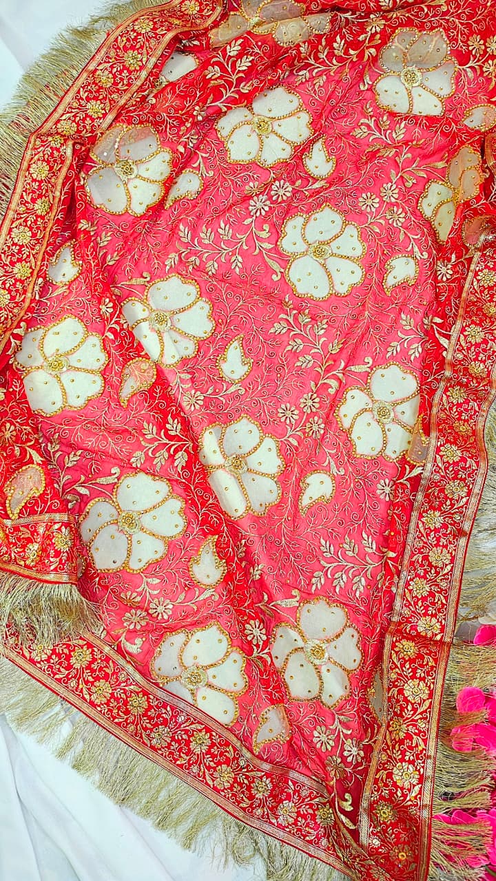 FULL RED BANARASI KIMKHAB GHARARA WITH DESIGHNER DUPATTA AND EMROIDED KURTI