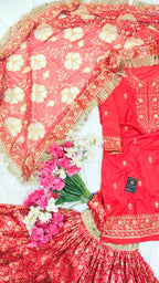 FULL RED BANARASI KIMKHAB GHARARA WITH DESIGHNER DUPATTA AND EMROIDED KURTI