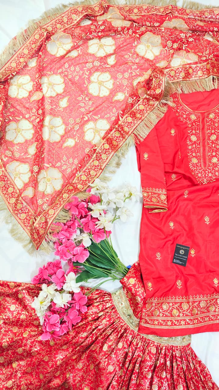 FULL RED BANARASI KIMKHAB GHARARA WITH DESIGHNER DUPATTA AND EMROIDED KURTI