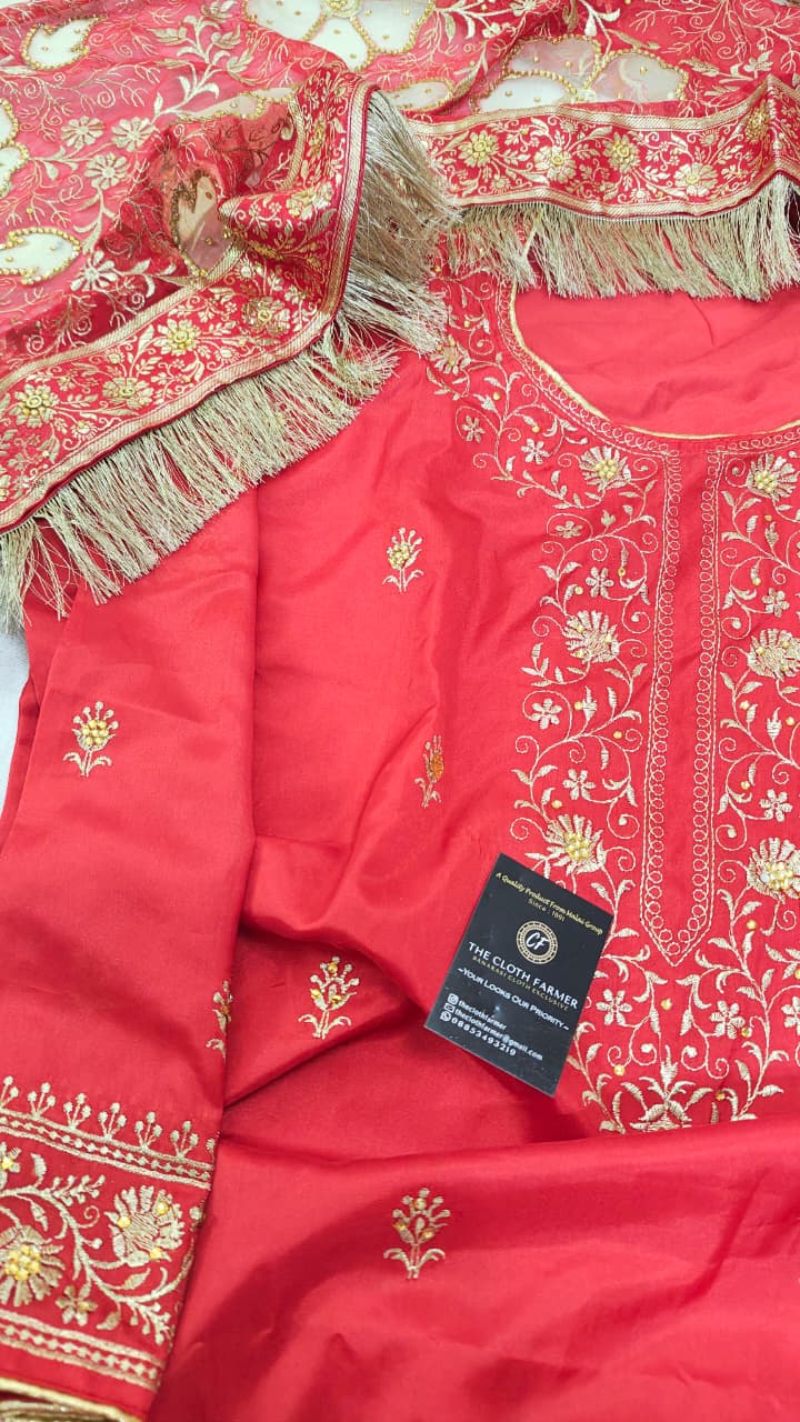 FULL RED BANARASI KIMKHAB GHARARA WITH DESIGHNER DUPATTA AND EMROIDED KURTI