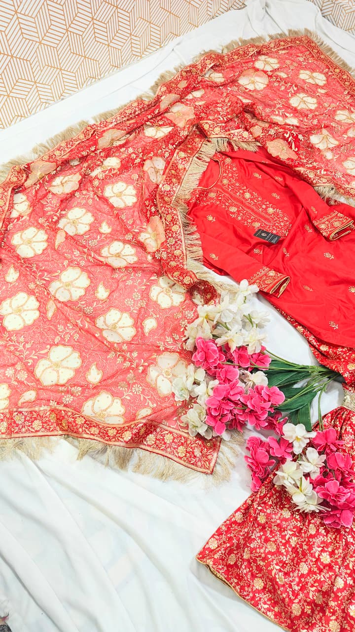 FULL RED BANARASI KIMKHAB GHARARA WITH DESIGHNER DUPATTA AND EMROIDED KURTI