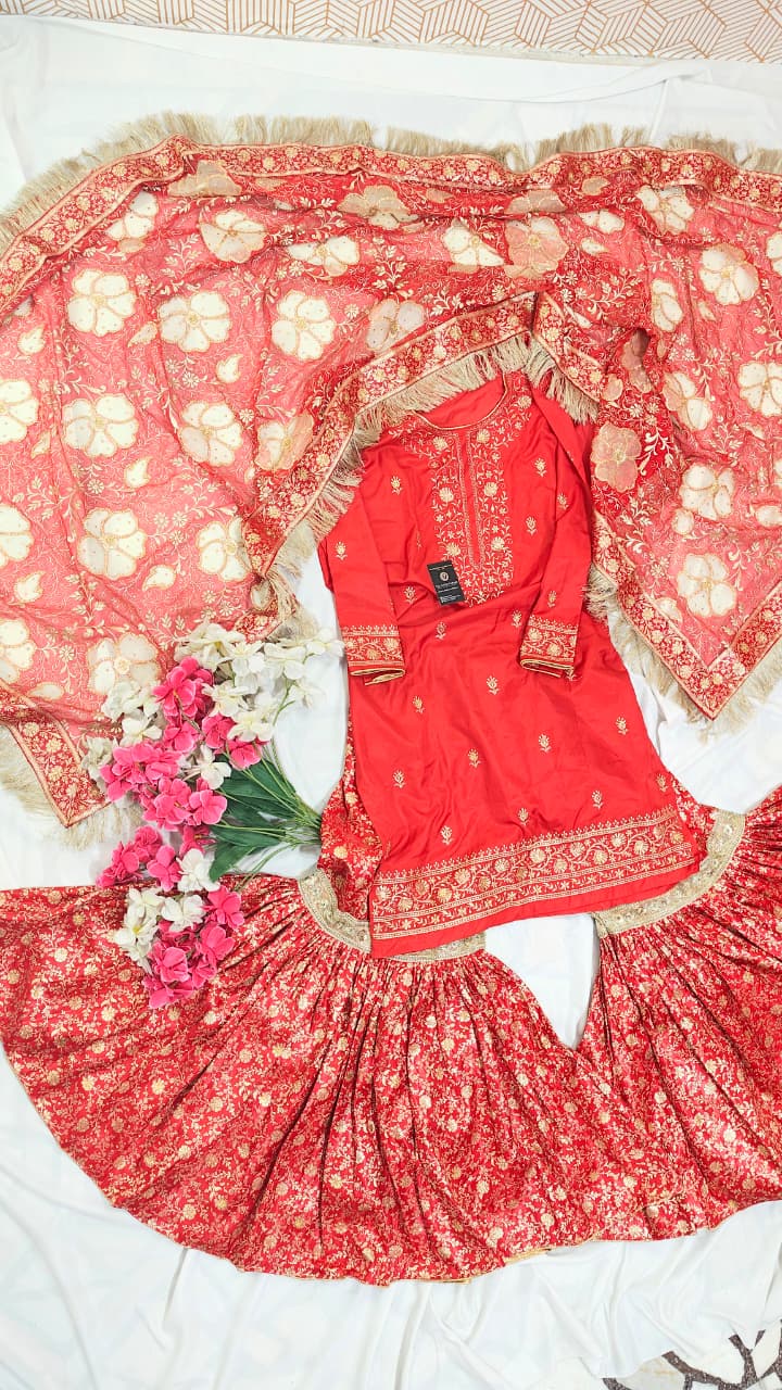 FULL RED BANARASI KIMKHAB GHARARA WITH DESIGHNER DUPATTA AND EMROIDED KURTI