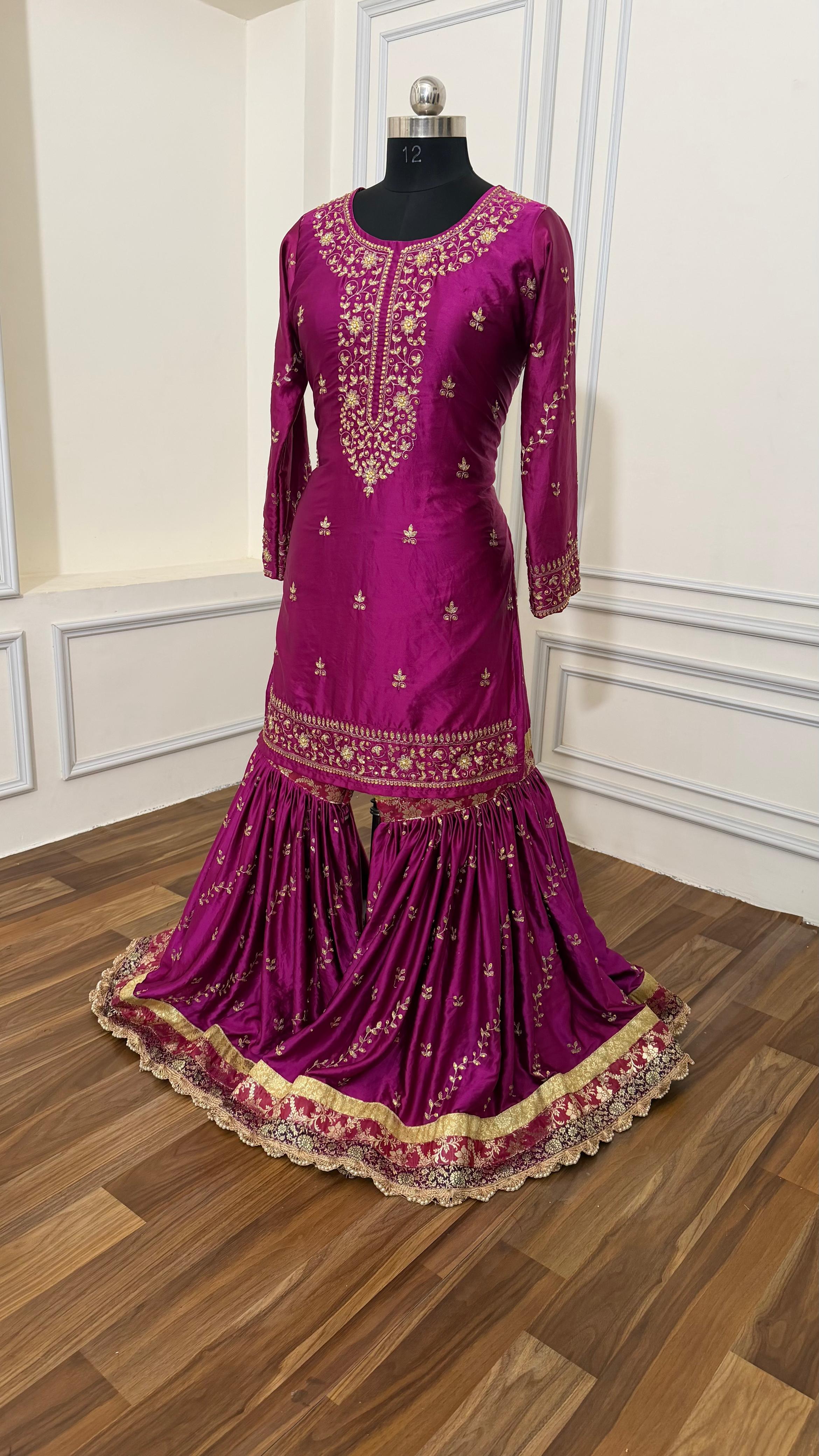 ITALIAN SATIN SILK BASED BOARDER WORK GHARARA