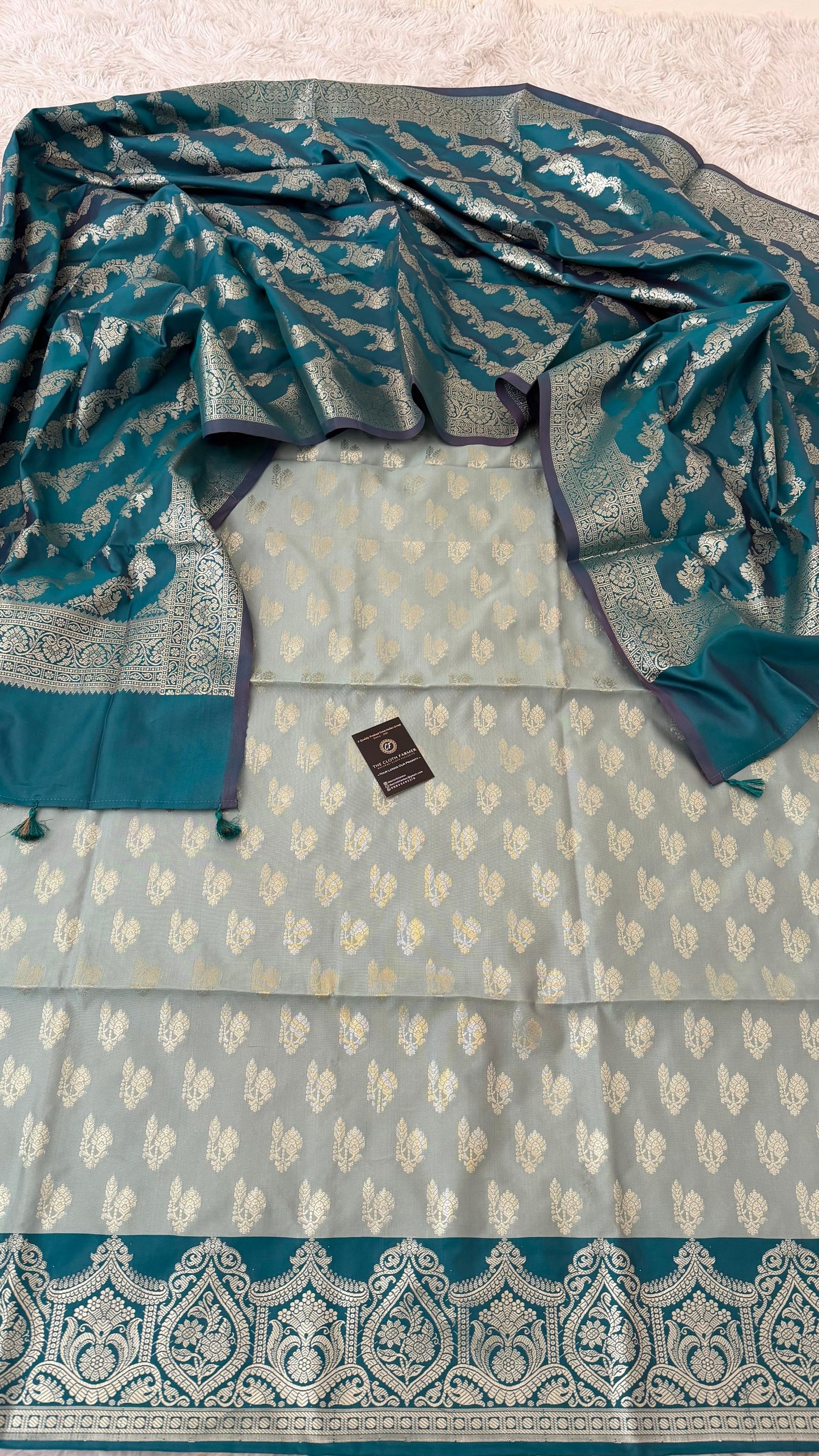 LIGHT SKY BLUE COLOR CONTRAST COTTON SILK 3 PIECE SUIT