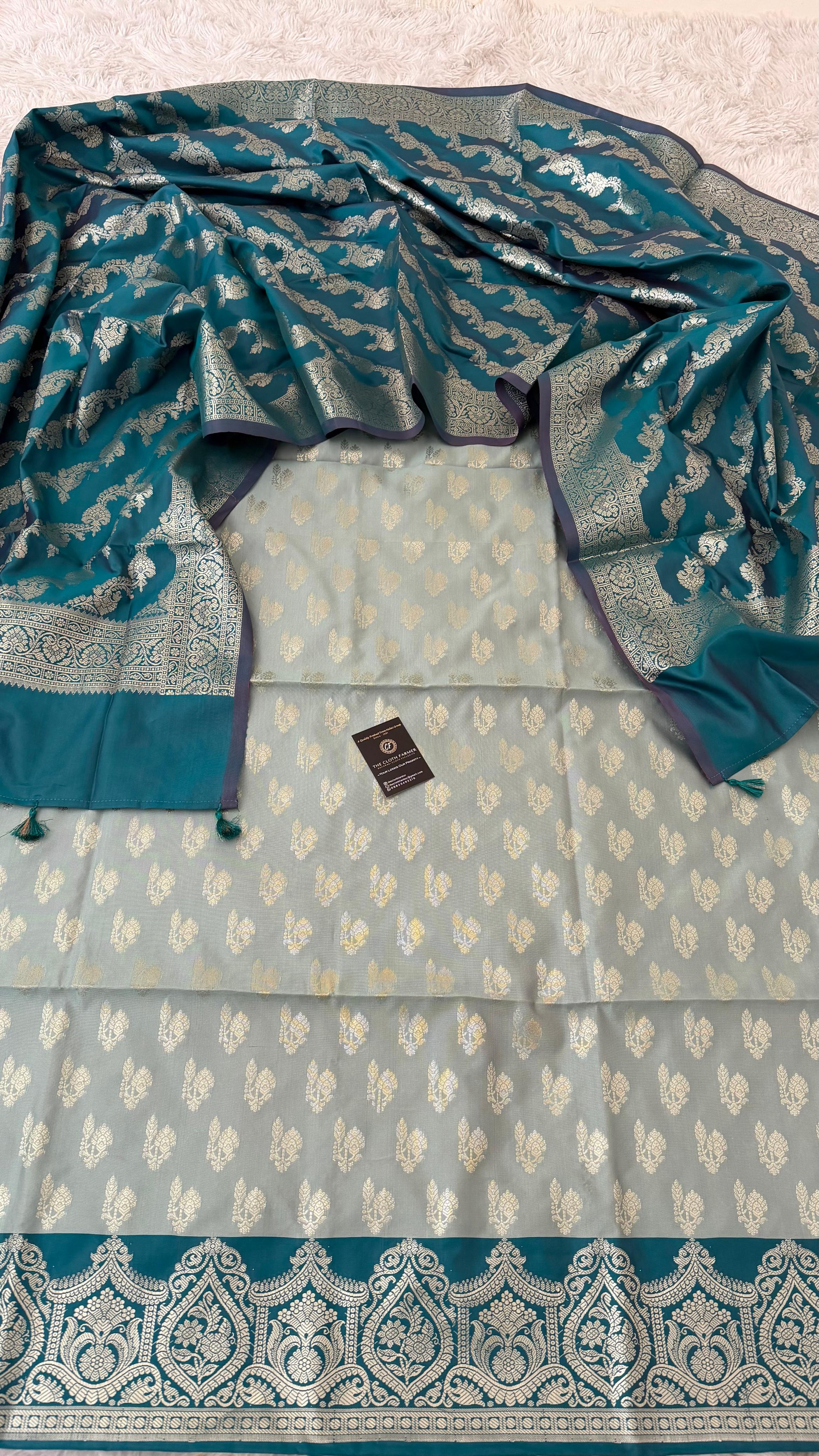 LIGHT SKY BLUE COLOR CONTRAST COTTON SILK 3 PIECE SUIT