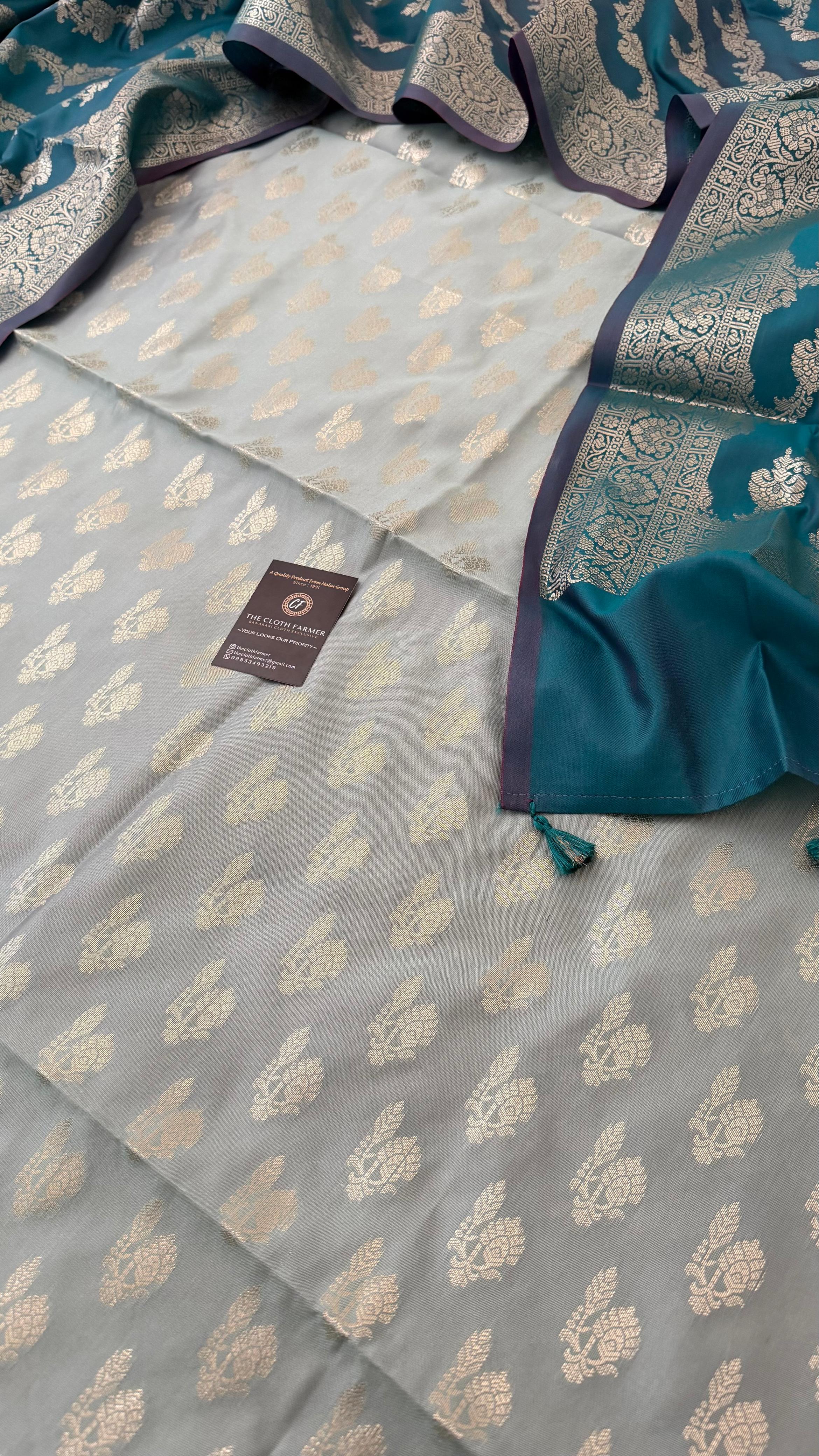 LIGHT SKY BLUE COLOR CONTRAST COTTON SILK 3 PIECE SUIT