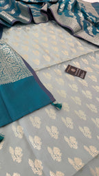 LIGHT SKY BLUE COLOR CONTRAST COTTON SILK 3 PIECE SUIT